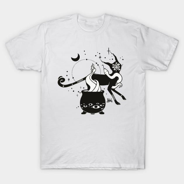 Black Cat Witch With Cauldron, Gothic Art T-Shirt by cellsdividing